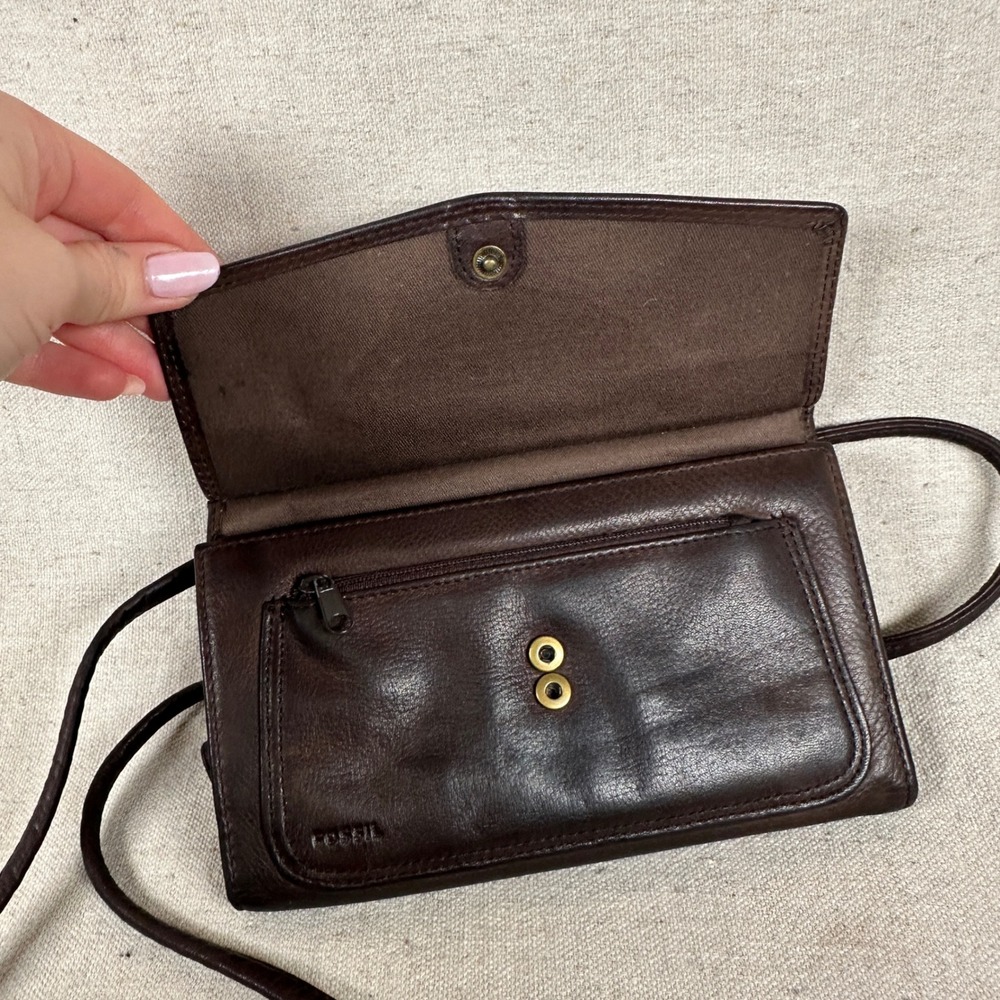 Fossil Vintage Dark Brown Leather Crossbody Wallet Organiser Bag Purse 90s Mini - Picture 5 of 10
